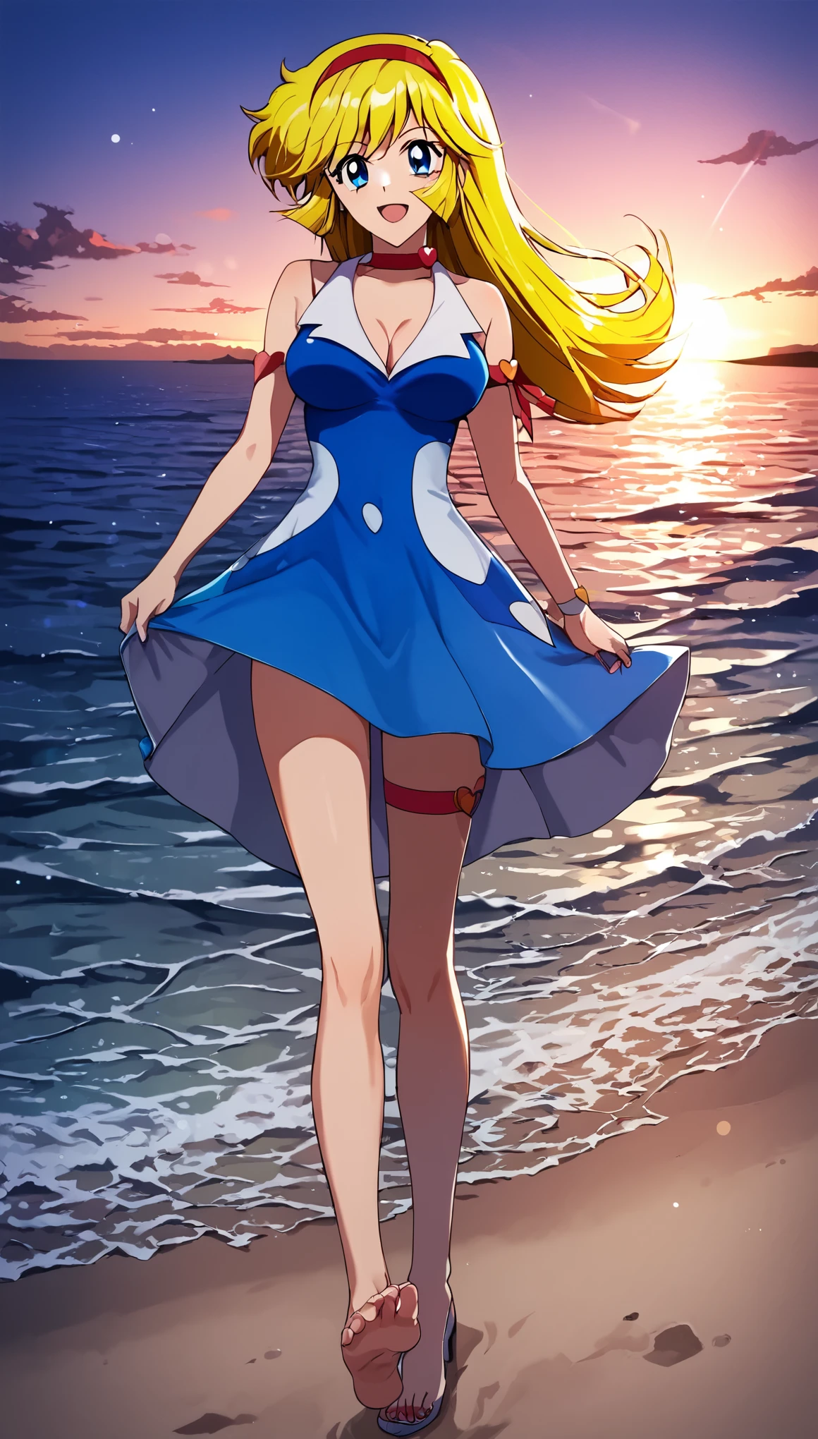 (Anime artwork, Anime Style, Studio Anime, Very detailed, up to date, Vibrant, Anime Coloring Book, High Contrast, masterpiece:1.2, Highest quality, Best aesthetics),((kisaragi honey:1.4)), (blonde hair:1.1), summer dress, (hair band, red), BREAK score_9, score_8_up, score_7_up, source_anime, best quality, (blue eyes:1.1), pink panties, (She walked along the beach in the sunset, her bare feet touching the water, the closest she came to seeing that smile:1.1), (cinematic angle:1.1),