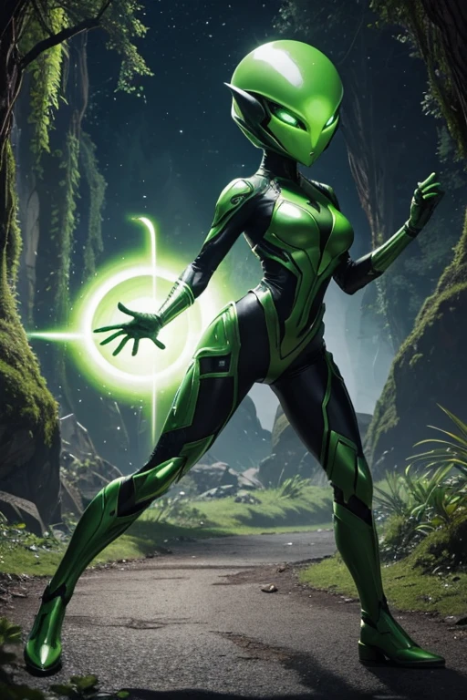 an green alien, full body view, outdoor, fantasy, action pose, female