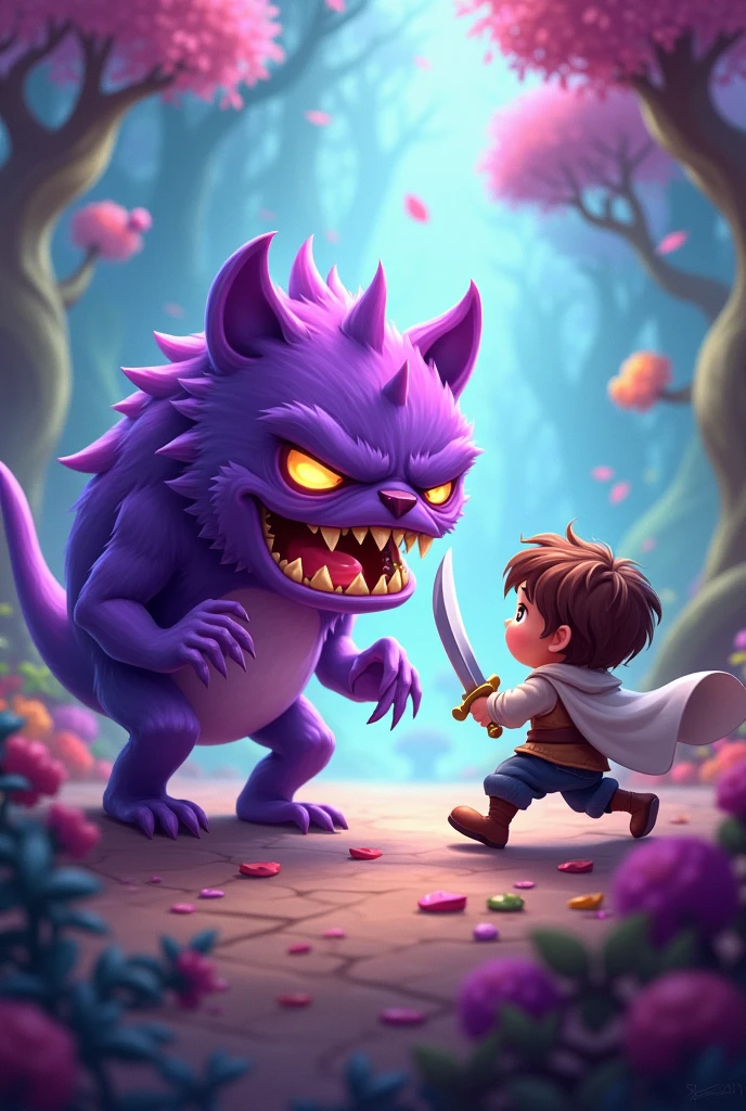 The little purple monster fights with the little hero