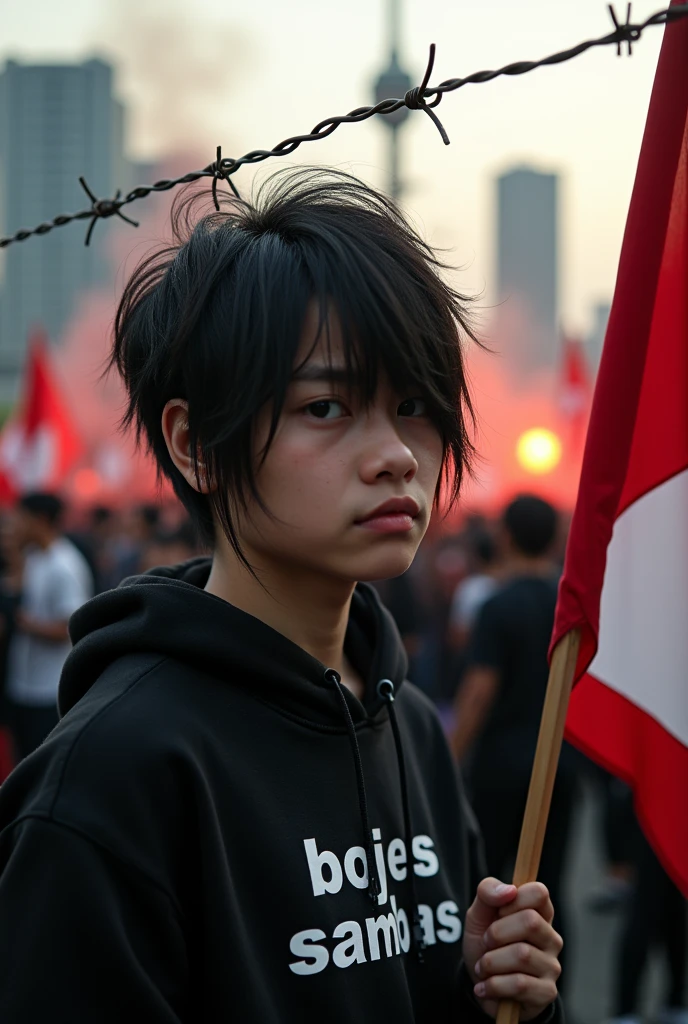 close-up photography of a student, emo hair, wearing a black hoodie with the words "bojes sambas", expression of disappointment, anger, standing next to a barbed wire fence, while holding a large and many red and white flags, Background: demo atmosphere, afternoon, flare smoke, Jakarta city, lots of police, Canon water cars, very chaotic atmosphere, dramatic, realistic, lots of students, 34k ultra full HD.