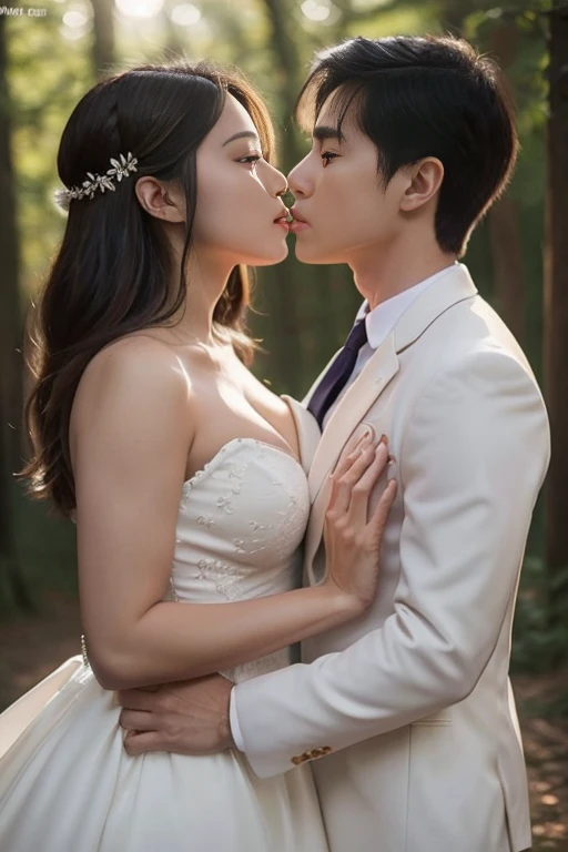 masterpiece, Best quality at best, {Best quality at best}, {{tmasterpiece}}, {A high resolution}, extremely detailed couple, couples, 2girl, curvy, round breast, cleavage, couple, Loves, Loves, ((𝓡𝓸𝓶𝓪𝓷𝓽𝓲𝓬)), Sharp focus, female focus, Black color hair, Black eyes, suns, rays of sunshine, hoist, T 恤, Men's suit clothing, lesbian kissing, romantic kiss, Women's red wedding dress, ln the forest, fresh flowers, statement