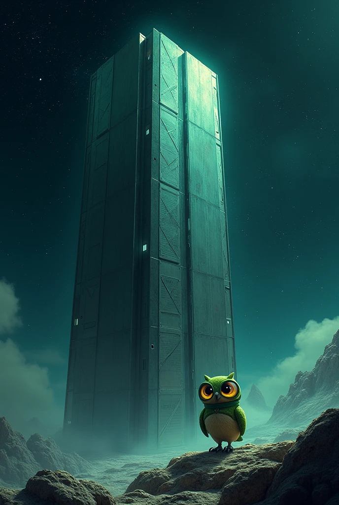 
In the limitless expanse of deep space, a colossal server building stands majestically on the right side of the image. Its metallic surface shines under the ethereal glow of distant stars. He is joined by a green astronaut owl at the bottom