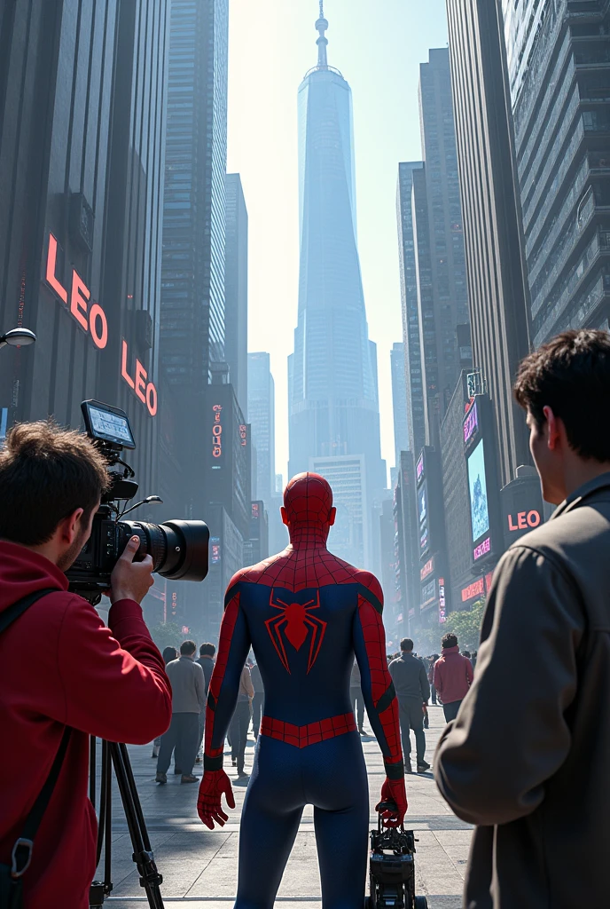 Ecrire " LEO". Spiderman tourne un film qui s'appelle "Leo" il est dans les grattes ciel. Ecrire : LEO