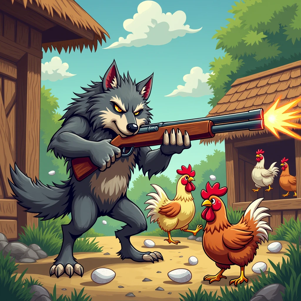 a wolf with a shotgun as if she were standing shooting at chickens inside a cartoon-style chicken coop for a cp cover, image size 2560x1440