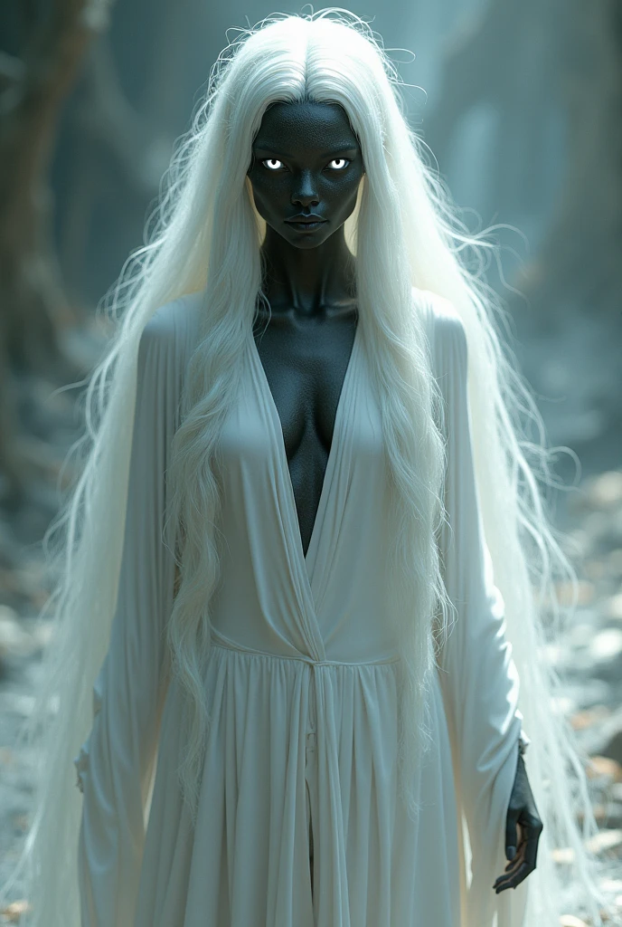 darkskin, very long white hair, reptile eye and white clothes