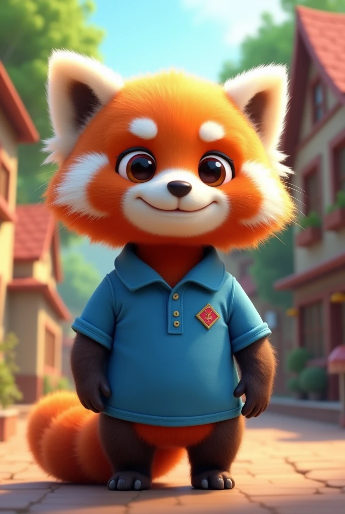 Animated red panda, with a blue polo shirt