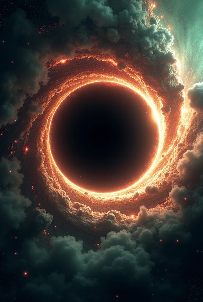 Genret cinematic 3D style
A Black Hole Consuming Matter: A dark, swirling black hole in the center of the image, with a bright accretion disk of gas and debris spiraling inward. Light is bent around the black hole, creating a distorted, eerie effect, with nearby stars being pulled toward it, stretching as they near the event horizon. Red And green