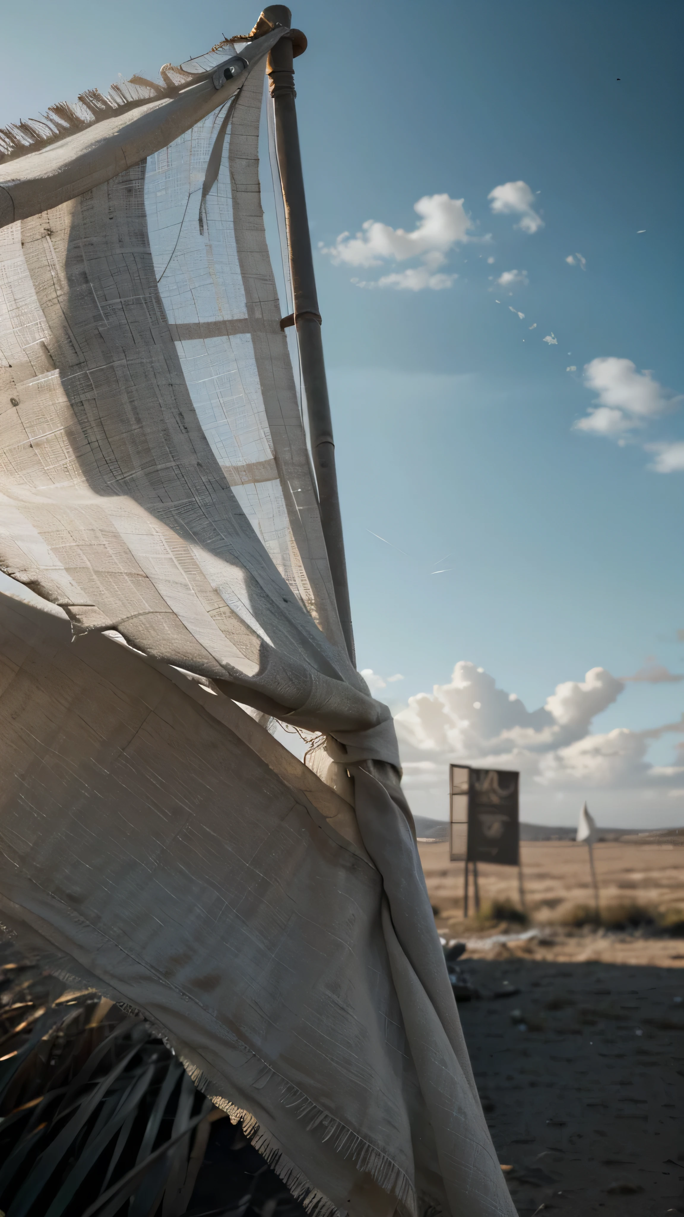 a tattered, weathered white flag fluttering in the wind, detailed, realistic, photorealistic, 8k, masterpiece, highly detailed, cinematic lighting, dramatic shadows, moody atmosphere, natural textures, worn fabric, realistic wind effects, cinematic composition, depth of field, vibrant colors, warm lighting