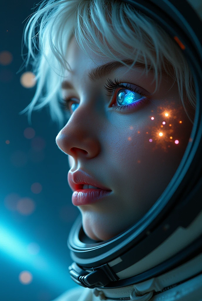 (Close-up of a better masterpiece:1.5)0.9], (Space and astronauts:1.2) (Messy silver hair:1.1) (Heterochromia xanthochromia and blue eyes:1.2) (Space Helmet:1.0) (Colored stars in the eyes:1.0) (A radiant glow:1.1) (thick lips:0.9)
