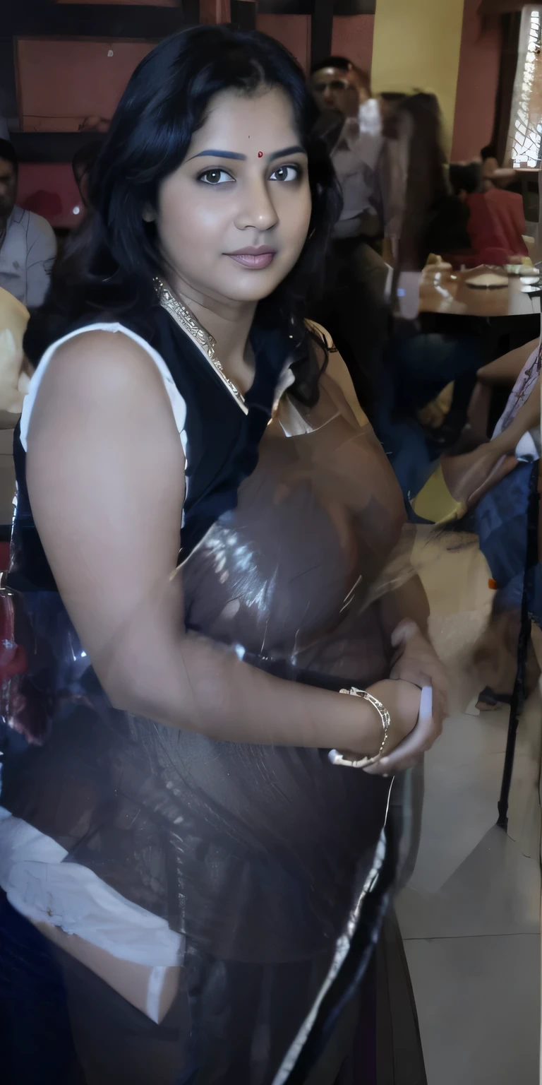 Indian wife, 40 years old, chubby, curvy, very large breasts, big round ass, wearing tight Indian red colour transparent blouse and light blue petticoat with a side slit, showing huge cleavage, big round belly, thick thighs, looking at the viewer, looking at the camera, 