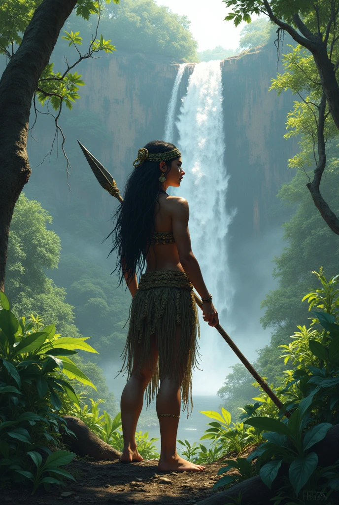 Cabocla jacira with a spear in a forest looking at a waterfall