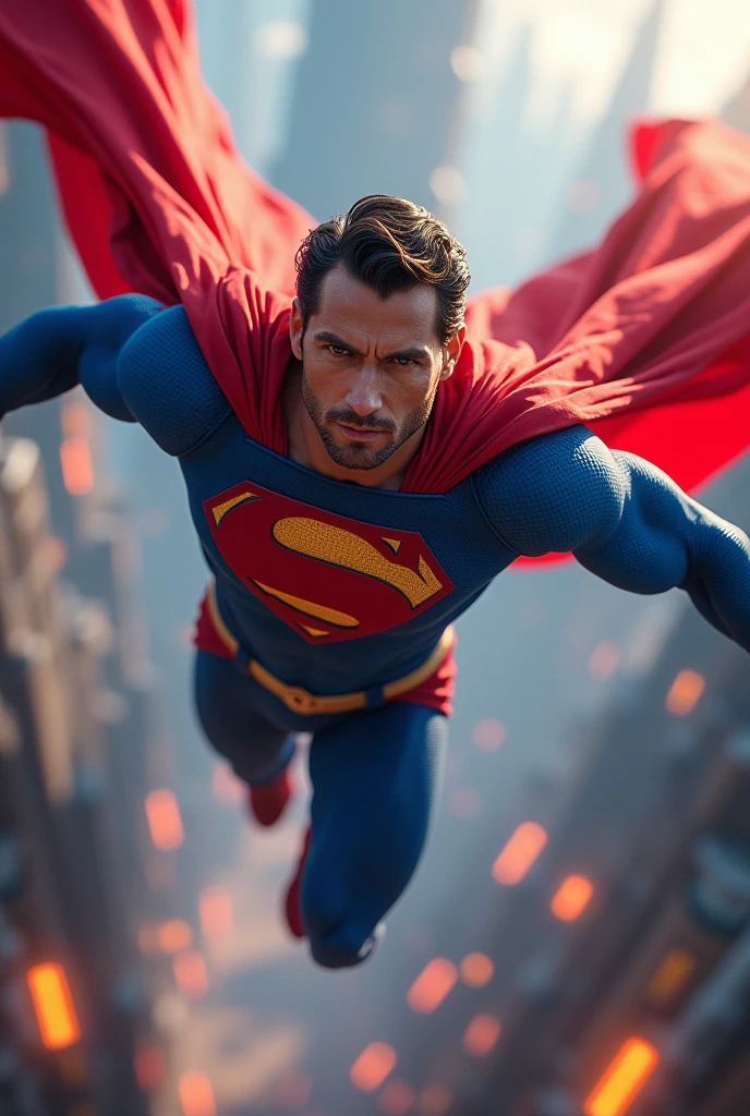 a muscular superhero,a man in a blue and red costume with a cape,detailed facial features,chiseled jawline,piercing eyes,confident expression,flying in the sky,dramatic lighting,cinematic camera angle,epic sci-fi landscape,vibrant colors,digital art,8k,hyper detailed,photorealistic