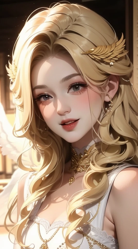 1 woman, alone, mature woman, curly blonde hair, long hair, blonde wings, wearing a dress (with makeup), portrait, (smiling), focus on face, roupas modernas