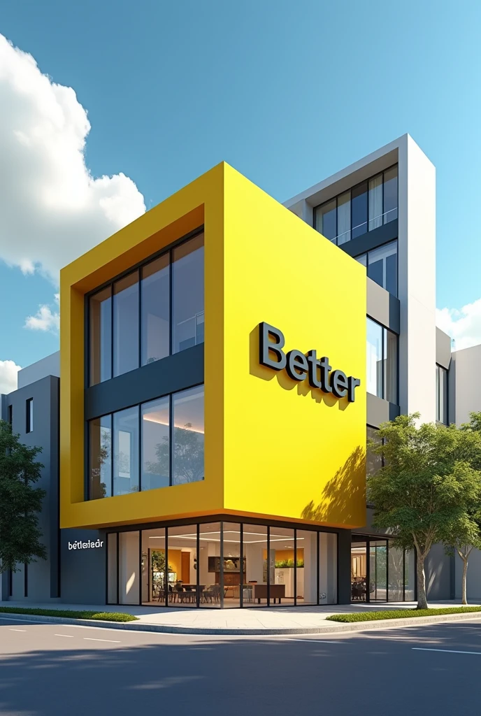 Create an image of a competitor of Vetter Empreendimentos de Blumenau, santa catarina. The name of the competing real estate agency is Better and the difference is that instead of selling off-plan properties like Vetter, Better sells ready-made properties like Vetter.. The image should contain a yellow commercial property called Better, with Vetter's commercial property of lesser quality