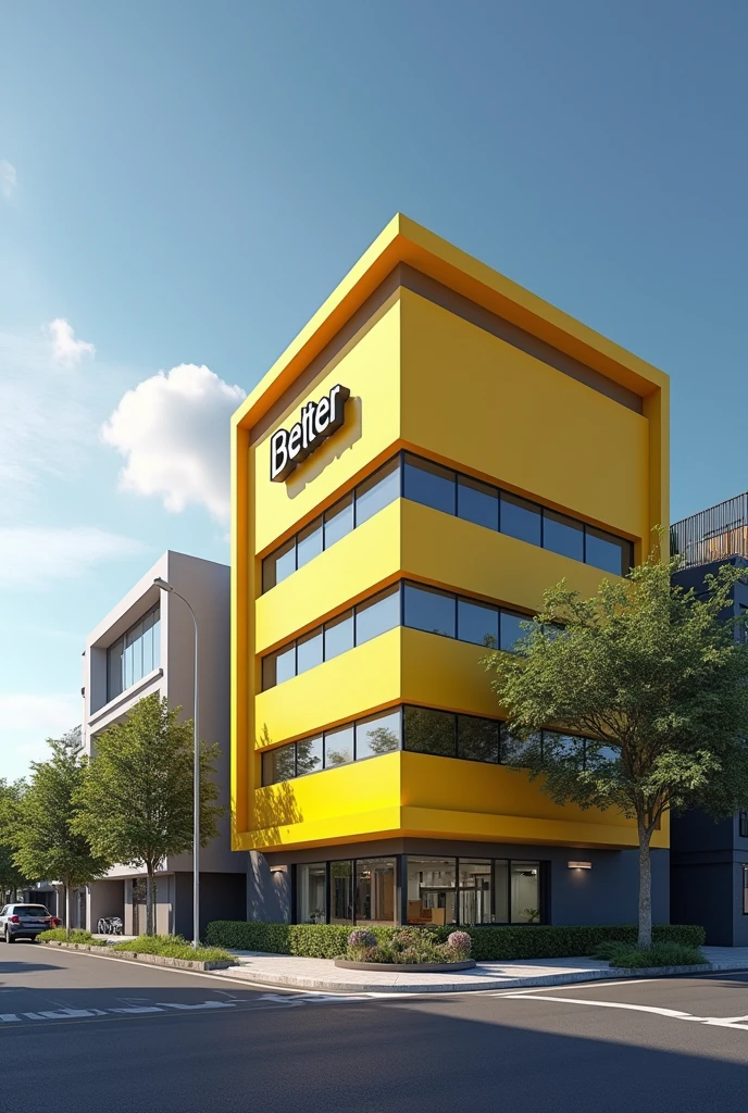 Create an image of a competitor of Vetter Empreendimentos de Blumenau, santa catarina. The name of the competing real estate agency is Better and the difference is that instead of selling off-plan properties like Vetter, Better sells ready-made properties like Vetter.. The image should contain a yellow commercial property called Better, with Vetter's commercial property of lesser quality