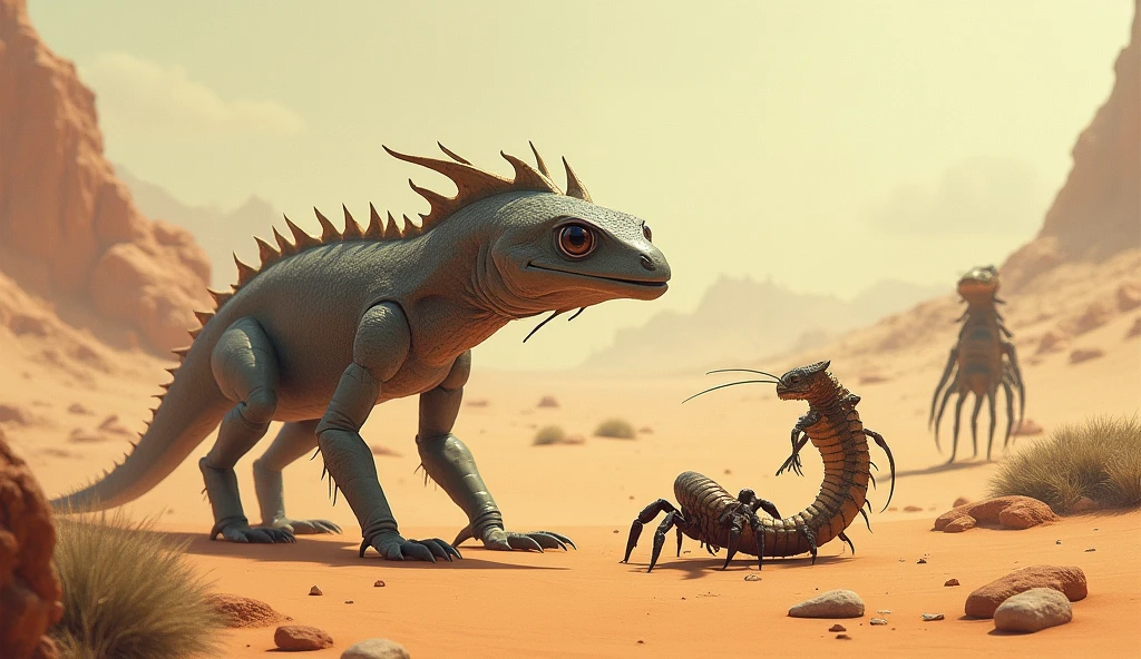 A gray lizard, a small brown scorpion and a snake legs in the desert.