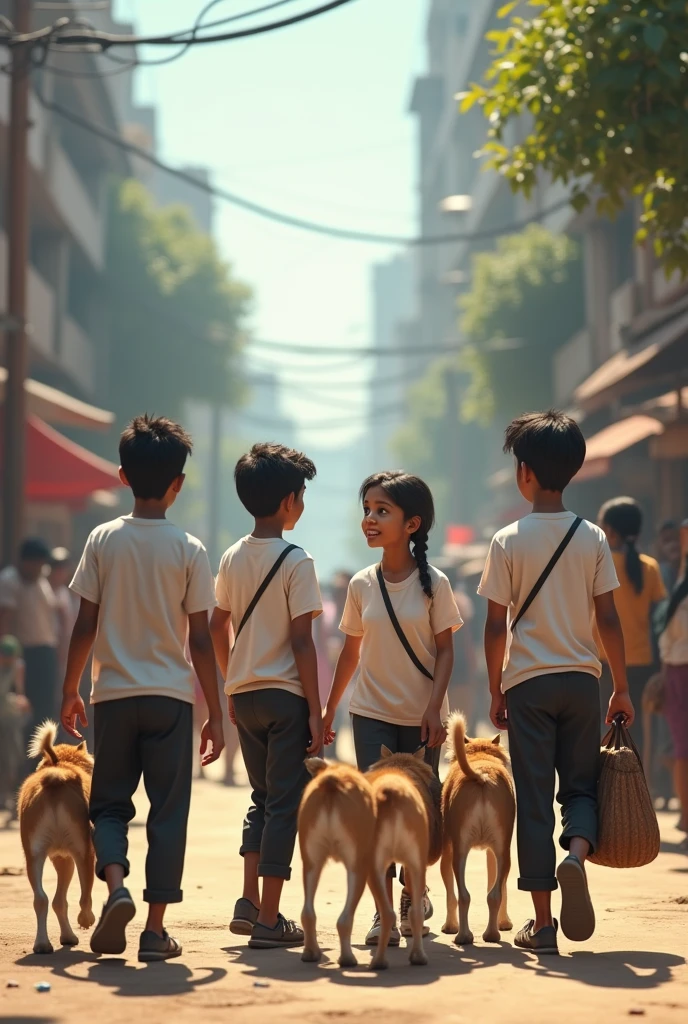 A special team of three boy and one girl with white t shirt and black pant helping the street dogs in streets of india