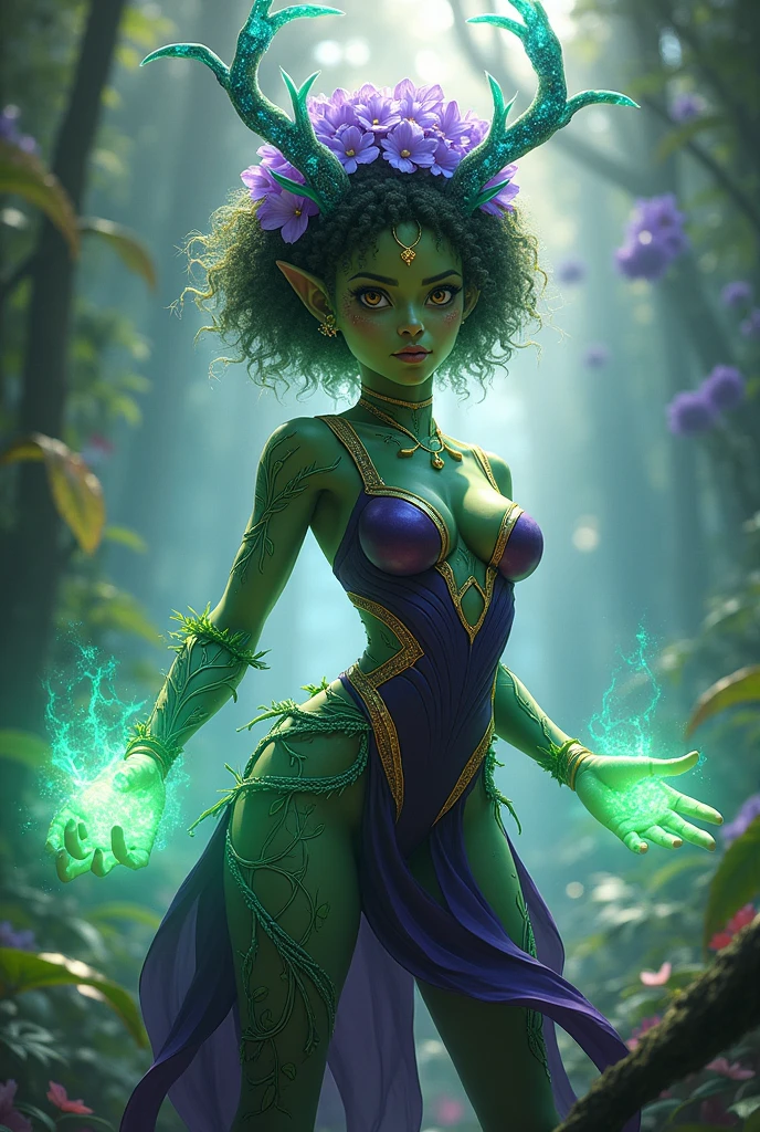 Prismatic coloration. Jungle like environment. A young Plant woman with a Deep dark green skin tone & a set of B-cup breast. She has short leaf green curly hair stopping at the top of her neck. She is wearing a form-fitting Purple & Black bodysuit with a deep neckline, exposing much of her chest area Golden Floral designs & an otherworldly Purple flower wreath on her head. She has a stern gaze in her Starlike Golden eyes & a heavy freckled form. She has long transparent crystal Blue antlers radiating Floral energy & a set of quaint elven ears. She has long golden vine like tattoos, glowing with Celestial red energy running all around her body accompanied by violet Star-like Marks running along them. She has a small cute nose She is seen in a battle stance summoning verdant green Starlight magic from her fingertips