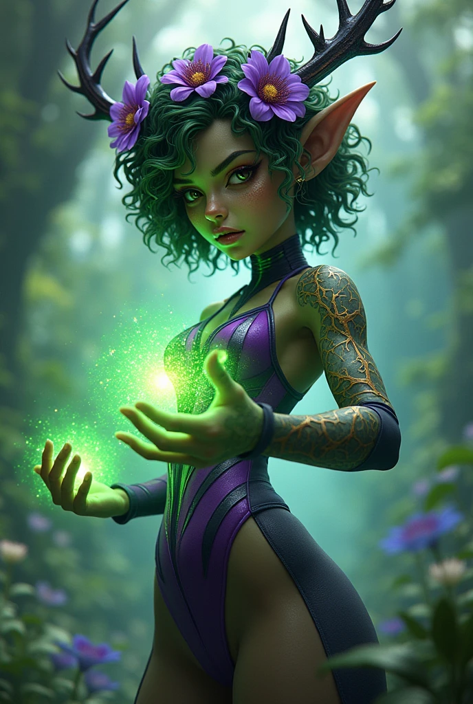 Prismatic coloration. Jungle like environment. A young Plant woman with a Deep dark green skin tone & a set of B-cup breast. She has short leaf green curly hair stopping at the top of her neck. She is wearing a form-fitting Purple & Black bodysuit with a deep neckline, exposing much of her chest area Golden Floral designs & an otherworldly Purple flower wreath on her head. She has a stern gaze in her Starlike Golden eyes & a heavy freckled form. She has long transparent crystal Blue antlers radiating Floral energy & a set of quaint elven ears. She has long golden vine like tattoos, glowing with Celestial red energy running all around her body accompanied by violet Star-like Marks running along them. She has a small cute nose She is seen in a battle stance summoning verdant green Starlight magic from her fingertips