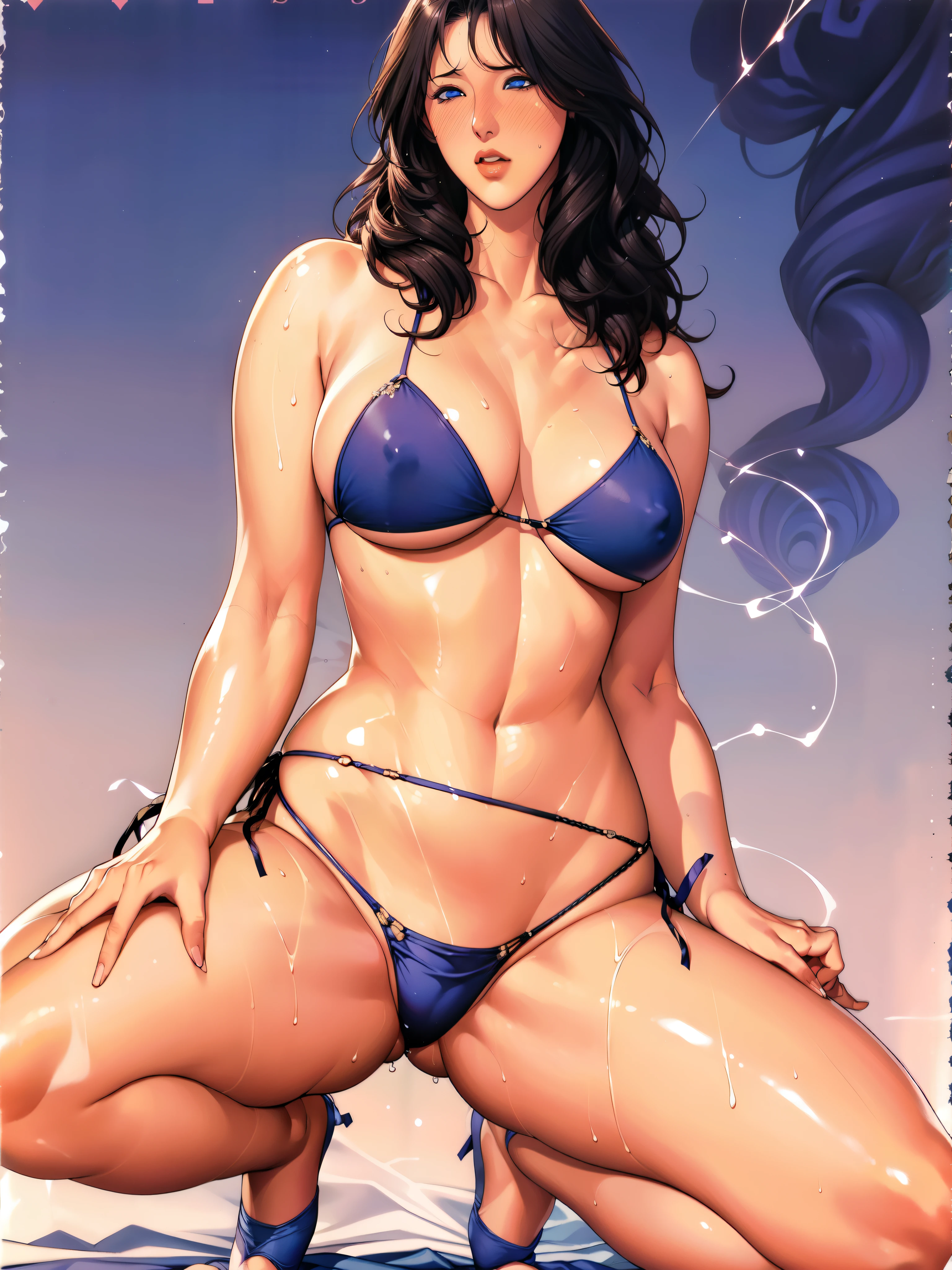 (8ก, 最high quality: 1.2), Very detailed, Complete solution, (Realistic, Realistic photo: 1.5), Portraiture, High resolution RAW color photograph, High resolution and beautiful, High resolution, 8ก Image Wallpaper, Amazing details, Large file size, Very detailed beautiful woman, Very detailed face, (Super detailed and super beautiful blue eyes:1.8), Looking at me with an upturned gaze,(orgasm face:1.5) , (embarrassed,blush:1.3), Expressive crimson lips, Thin and small lips, Small nose,The background is not blurred, One Story, 2 adult woman, Realistic、 (Movie Scenes,Fantasy art,最high quality,high quality,High resolution,High quality texture,Attention to detail,Beautiful details,Fine details,Very detailedCG,Detailed Texture,Realistic representation of face,Full body photography,before,dynamic,bold),1 Girl,Very detailed肌,curve,Long limbs,(Black Ultra Micro High Leg Bikini :1.8),(Expose your thighs completely to the viewer:1.4),(rope bondage:1.4),nsfw, (spread pussy:1.5),,((Place your hands on your crotch:1.8)),Stand facing forward with your feet shoulder-width apart,Push your belly forward,Humiliating pose, ((Squatting with legs spread wide:1.8)),(The shape of the nipples is clearly visible.:1.4),((Beautiful breasts,Under the chest,Large Breasts:1.7)),Pale skin,Pointed Chest,((Very fine hairs),(Very soft hair),(((Impossibly long, wavy hair with volume that hides the back.))),Long, slicked bangs,Very light coppery amber hair,(Hair on one eye:1.5),(Open your mouth:1.1),Mature Woman,Detailed fingers, Perfect hands, Height 180cm,sweating,Sweat on the face,No sleeve, dripping between her legs,Tied up woman,(Voluptuous body),Soft and thick thighs,sexy legs, (Beautiful and voluptuous lower body details),(Very big ass 1.9), Deeply indented navel,Cleavage,((Amazing orgasm)),Big sexy ass,((Long and beautiful leg details)),Wearing high heels,Perfect Body Proportions,(Super slim waist),(Long legs:1.6),Huge :1.1,Looking at the audience,Character-centric,symmetry diagram,Abdominal shot