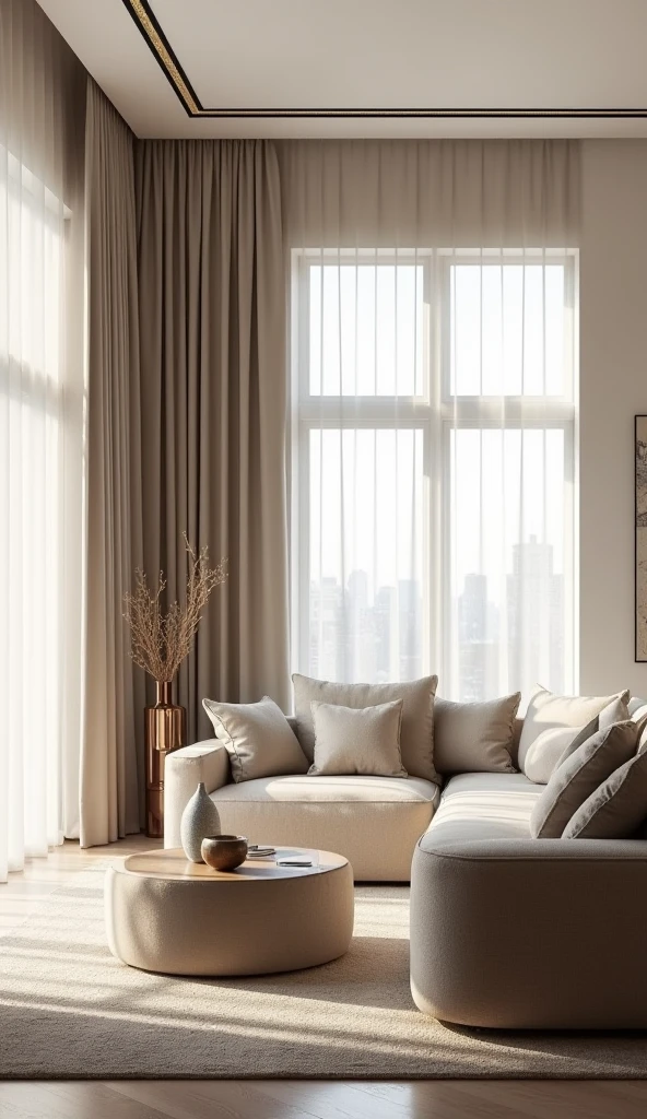 Portrait of a living room with a modern minimalist home atmosphere,All the furniture displays a luxurious impression on the curtain section, with a bright atmosphere