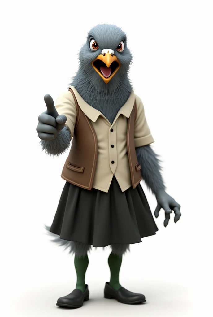 ((Highest quality)), ((masterpiece)), (detailed), (front), 怒りの表情で口を開けたGray female pigeonがオフホワイトで襟付きのshort-sleeved shirtに薄茶色のベストを着てひざ丈の黒いスカートに濃い緑の靴下と黒の靴を履いて、Pointing his finger towards me、(Gray female pigeon)、(short-sleeved shirt)、Photorealistic images、Background is white 。