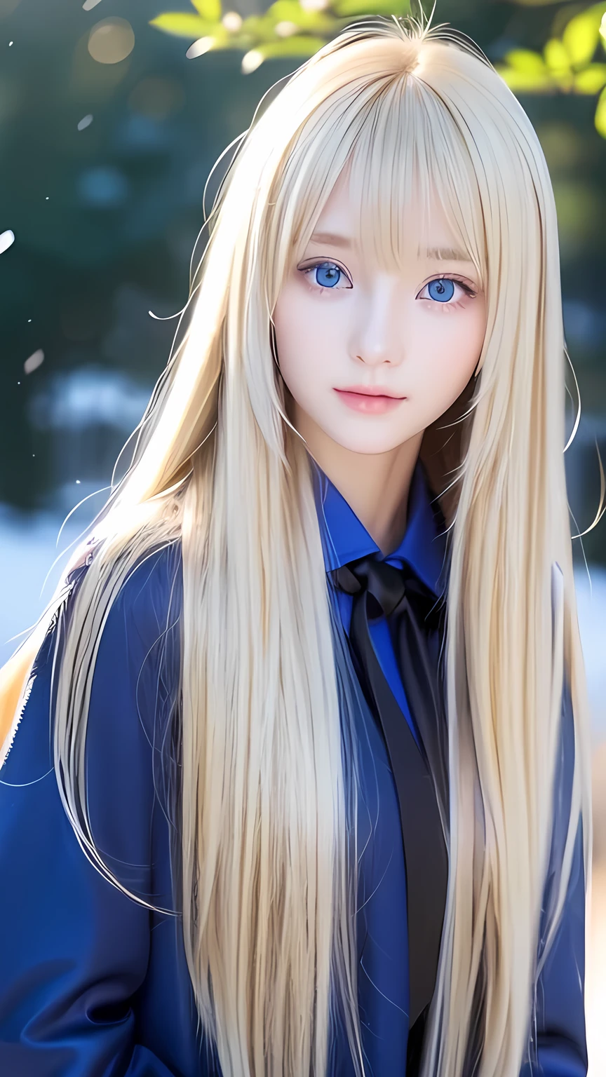 A very beautiful Nordic girl、Super long silky shiny metallic butter blonde hair、Cute beautiful girl with sexy messy bangs、Hair above the eyes、片Hair above the eyes、Hair between the eyes、uniform、Super long beautiful blonde hair、Beautiful bangs between the eyes、Very beautiful cute face、Cute beautiful gentle expression、high school girl、Big, pale, very bright sky blue eyes that shine beautifully、Small Face Beauty、Round face、Snow-white glossy skin、