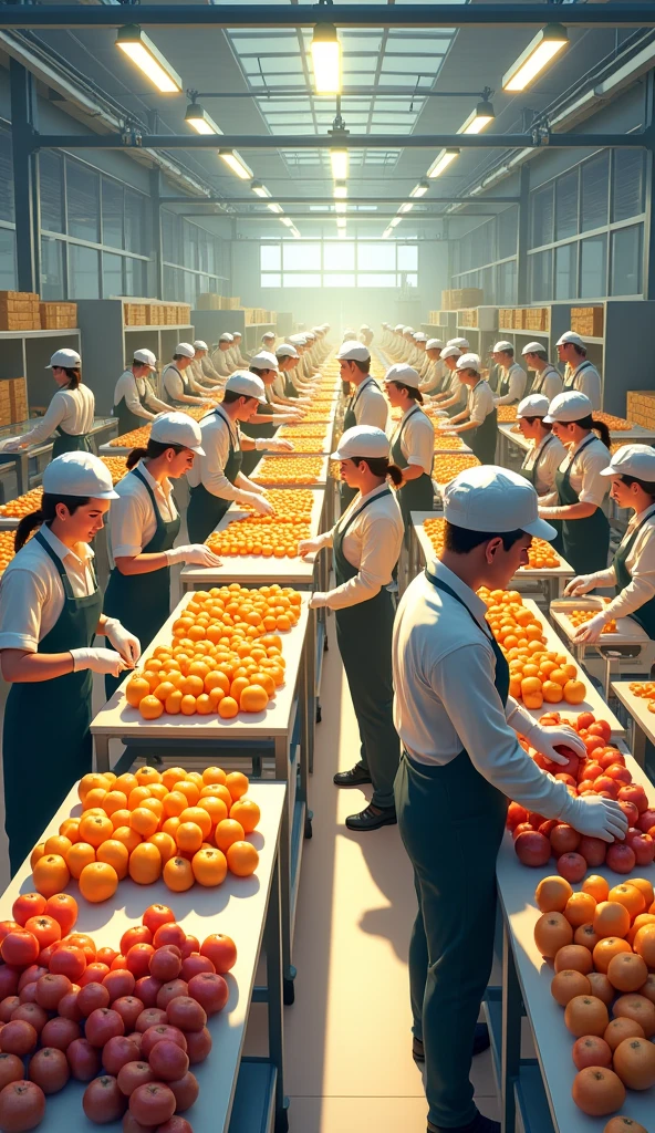 create an image where there are many collaborators with caps, apron, mitts, working in an agroindustry with fruits and, illustration realista comercial, workers, incrível illustration alimentar, profile image, in a factory, illustration!, manufacturing, Industries,
