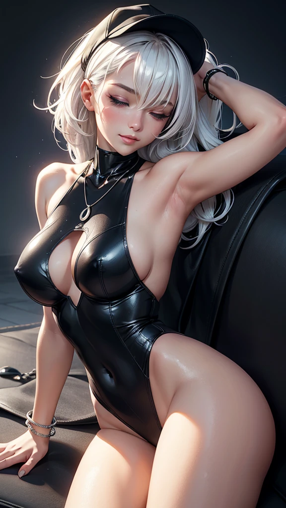 Pose: masterpiece, best quality, 4k, UHD, mishoujo, beautiful purple eye and detailed face, illustration, beautiful detailed, high resolution illustration, glowing_white_particles, 1girl reclining or lying down, with her back arched gracefully, emphasizing the natural curves of her body. Her arms can be stretched above her head, resting softly beside her, or gently touching her face.
Expression: Serene and confident, with closed eyes or a soft, content smile that conveys a sense of peace and elegance.
Attire: Elegant and form-fitting attire such as a flowing black and grey sleek bodysuit cyberpunk, techwear that complements the graceful lines of the pose.
Hair: Styled to enhance the pose, white hair, hair over one eye, short side tail, baseball cap to keep the focus on the arch.
Makeup: Subtle and glowing, with a focus on enhancing her natural beauty, adding a touch of glamour to the image.
Background: A minimalist or luxurious setting such as a serene cyberpunk city background that enhances the elegance of the pose.
Lighting: Soft, directional lighting that casts gentle shadows and highlights the curves of her body, creating depth and dimension.
Accessories: Minimal and tasteful, such as a delicate necklace, a bracelet adding a touch of sophistication without detracting from the pose.
Mood: Elegant, serene, and sensuous.