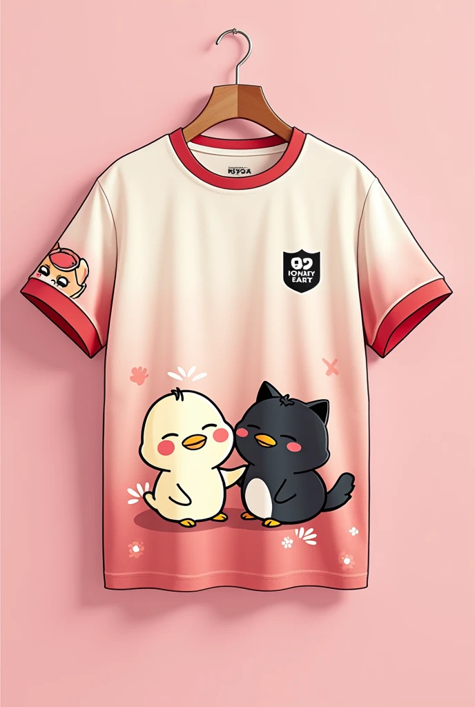 Design an interclass shirt, with light pink main color and dark pink details, with the characters Piu Piu and frajola in it