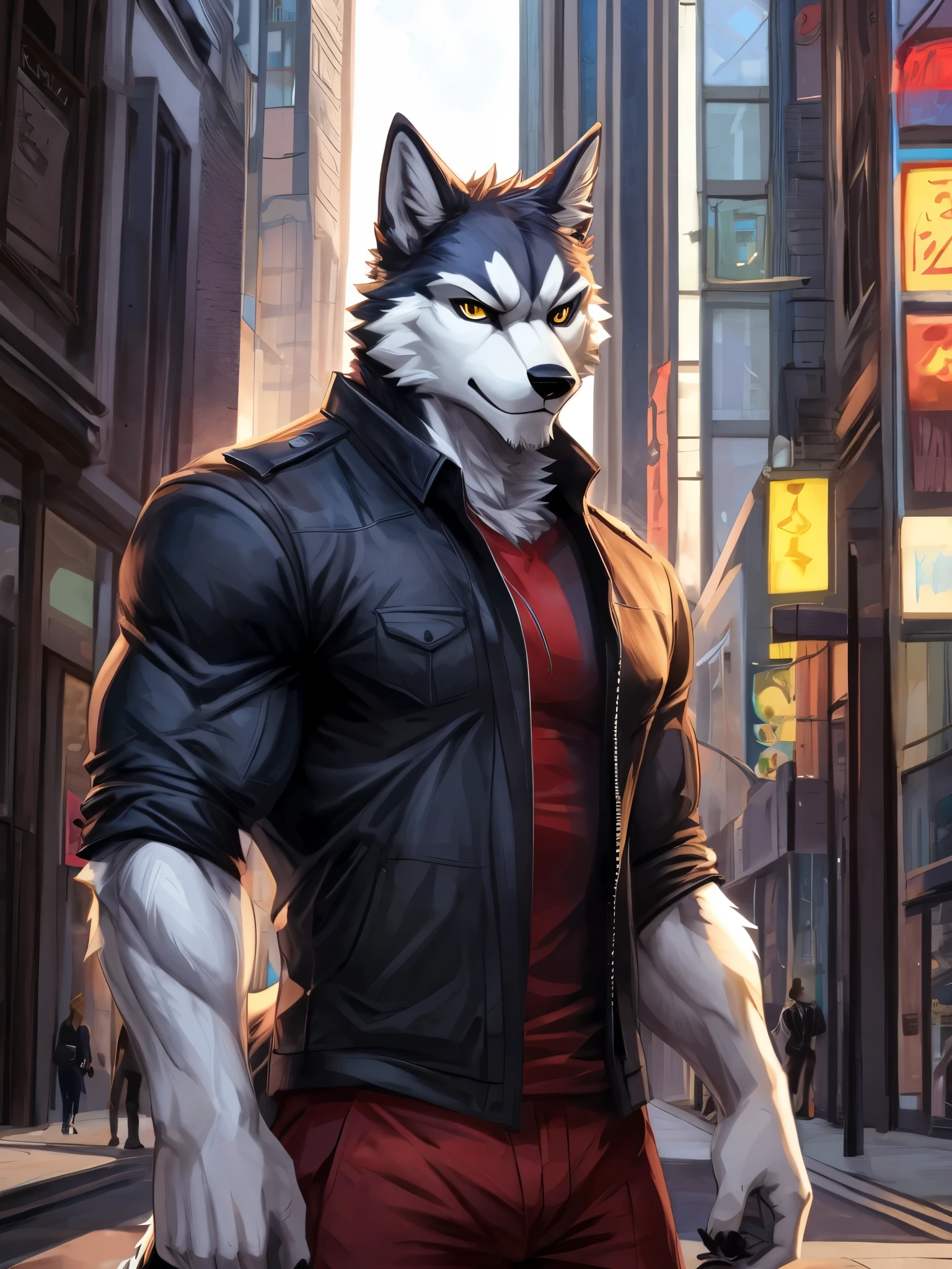 Masterpiece, Solo, Anthro Husky dog, White Fur, Yellow Eyes, Muscular Body, Cool Pose, Handsome, Good Looking, Adult, Fierce, Smirking, Casual Clothes, Street background