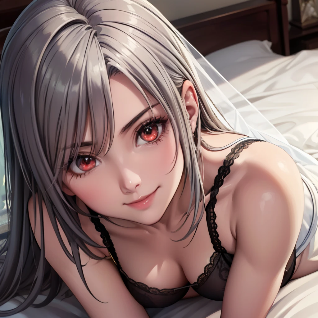 (masterpiece, best quality, beautiful and aesthetic:1.3), Elegant mature woman, 1woman, long silver hair, (small breast:1.0), red eyes with slit pupils, (wedding dress), black lingerie, black panties, garterbelt with gold stocking, small details, detailed face, in the dark, deep shadow, discreet key, Pure erotic face ace_V1, lie on your back in bed, from above, bedroom, light smile