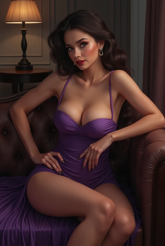 une femme brune à la silhouette audacieuse et aux gros seins, cheveux en arrière, vêtue d'une robe sexy de couleur violet, d'humeur séduisante et très désirable, assise sur un canapé dans une pièce où l'éclairage est doux.