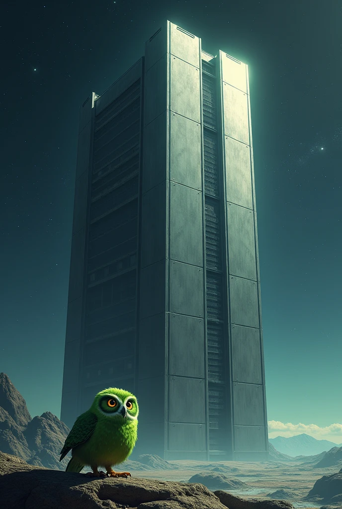 In the limitless expanse of deep space, a colossal server building stands majestically on the right side of the image. Its metallic surface shines under the ethereal glow of distant stars. He is joined by a green astronaut owl at the bottom