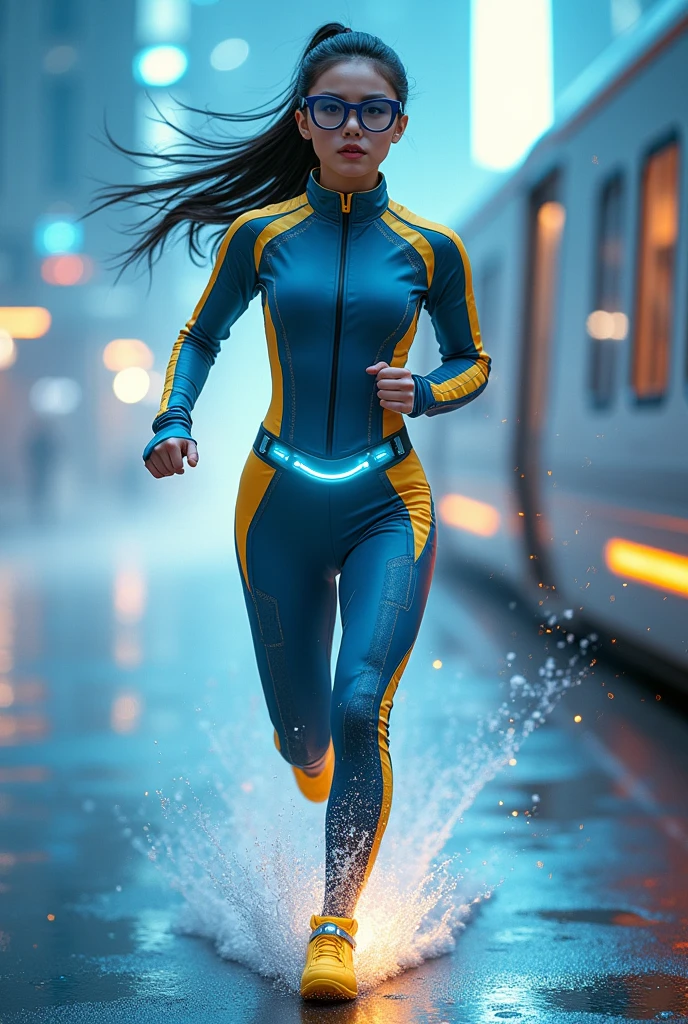 Chinese japan women average age wear jumpsuit high tech(( blue yellow)) age 15. high tech belt. ))Running effect. Glowing yellow power.((wear jacket blue))short girl. Runfast effect. saggy breast open zip(turtle neck dress.(( Wear blue big glasses round big frame)).running speed of light . latex suit. big tight. running athlete.pontytail hair. Braces teeth. train rail .Bokeh background. Panning effect. Yellow high tech watch. a beautiful young chinese women, , wearing a high-tech blue and yellow very tight jumpsuit. wear jacket bomber jacket blue yellow, venus body type.. unning with style pose . ,floating water pallet, photorealistic.(( fast train effect))detailed facial features, long hair, elegant pose, dynamic lighting. . glowing body yellow lightning effect, 8k, award-winning digital art, intricate details, vibrant colors, cinematic composition. very fasr run, highly detailed. light trail effect. speed of light.morning ..time effect. at the city.run water . spash water. the girl run fast on wet road. background on subway.