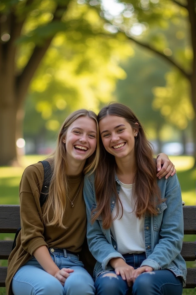 A photograph of two friends, maybe teenagers, sitting on a park bench. They're both laughing, and one is leaning on the other's shoulder. The park behind them is filled with green trees and sunlight.