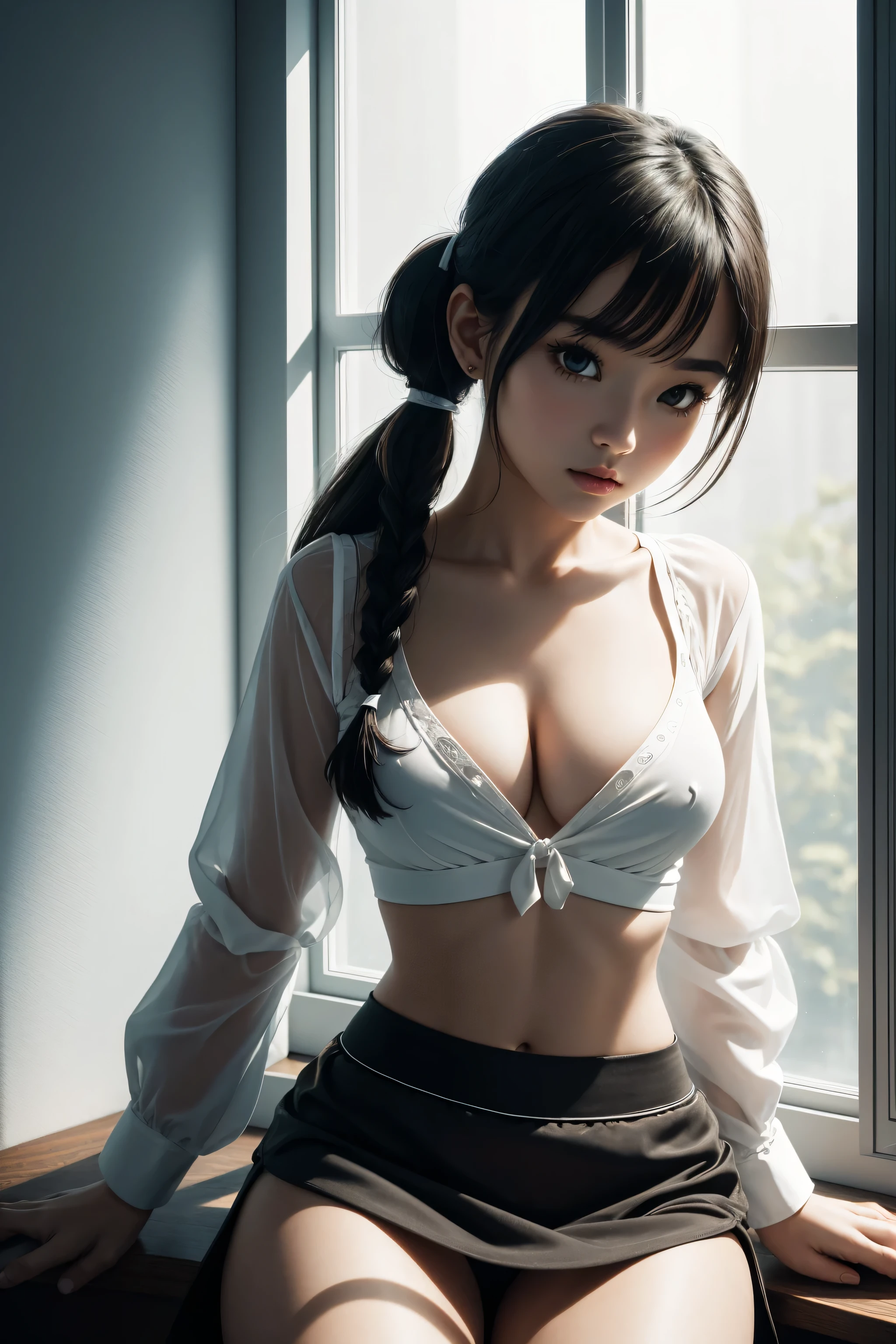 masterpiece, highres, high quality, extremly detailed, 
eurasian young tween girl, long dark hair, miniskirt, ribbon, white, shirt open, hair in pigtails. innocent, exposed stomach, cleavage, 
sitting on a windowledge, leaning against a window. 
seductive, alluring, desirable. lustful. sexy.
beautiful girl, perfect face, perfect body, perfect.
side lighting, low key, high contrast, high saturation,
extreme detailed,(fractal art:1.3), 