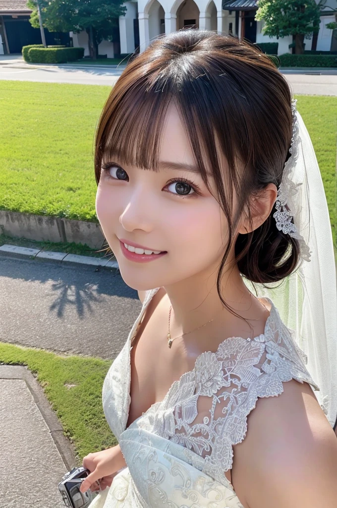 8k、High definition、Ultra Detail、Photorealistic、Realistic and accurate depiction、Realistic and accurate human anatomy、High resolution、Highest quality、Japanese、Beautiful Girl Down Blouse、(Detailed Wedding Dresses:1.2)、(Realistic、Photorealistic、Ultra-detailed、Highest Detail Skin、Highest quality、masterpiece、超High resolution)、Realistic skin types、Japanese、2、very cute、shortcut、Shooting from above、Outside the church、Side shot、Looking up at the camera、Cute Smile、Tierra