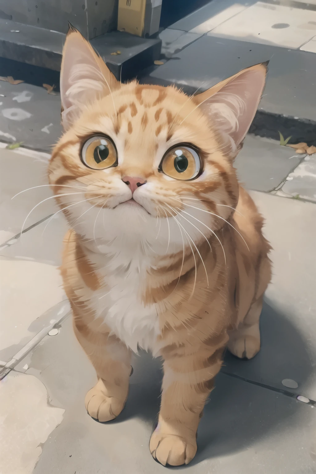 One little Orange kitten Nina Big eyes happily walking on street