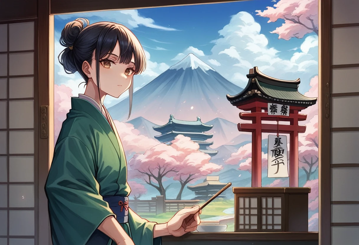 Painting of a mountain with a pagoda in the foreground, In the Ukiyo-e art style, Japanese art style, Japanese Landscape, japanese woodblock print style, Ukiyo-e style, Japanese painting, Ukiyo-e style, You look stylish, Inspired by Hanbei Yoshida, Detailed painting 4k, Japan Inspired Poster