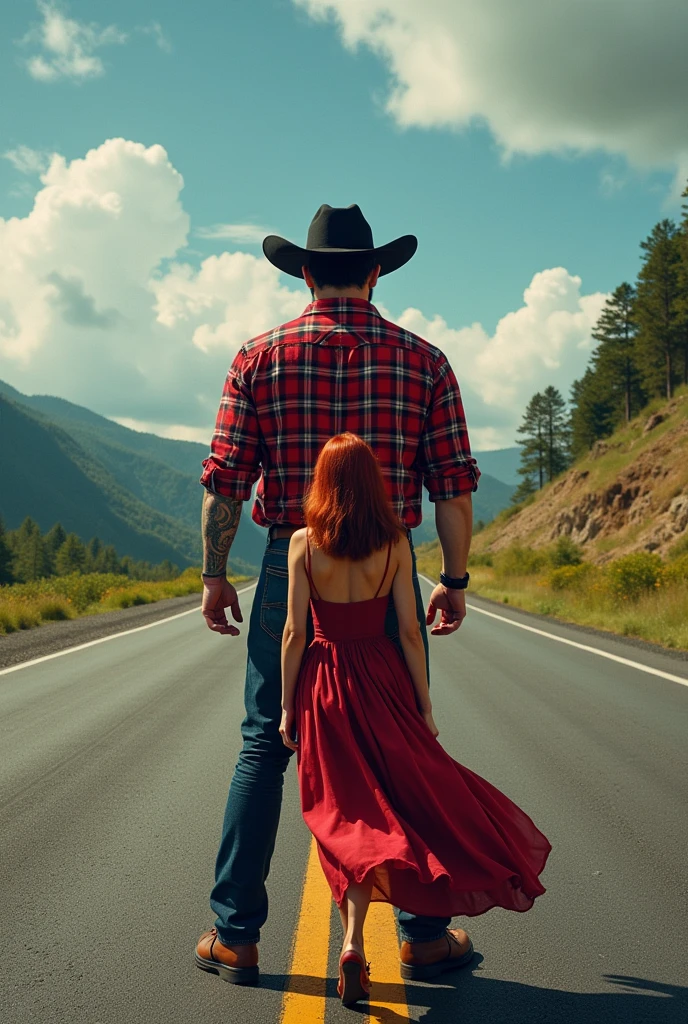 Book cover A Korean Man, brawny, with a red plaid shirt and the shirt sleeves rolled up to the elbow. Black cowboy hat Tattoos on left arm on an asphalt road and beautiful landscape around. a woman with hip-length red hair and a long indie dress animation the Title On the Road
