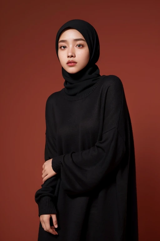 a 20 yo woman,hijab, sweater, dark theme, soothing tones, muted colors, high contrast, (natural skin texture, hyperrealism, soft light, sharp),red background,simple background,