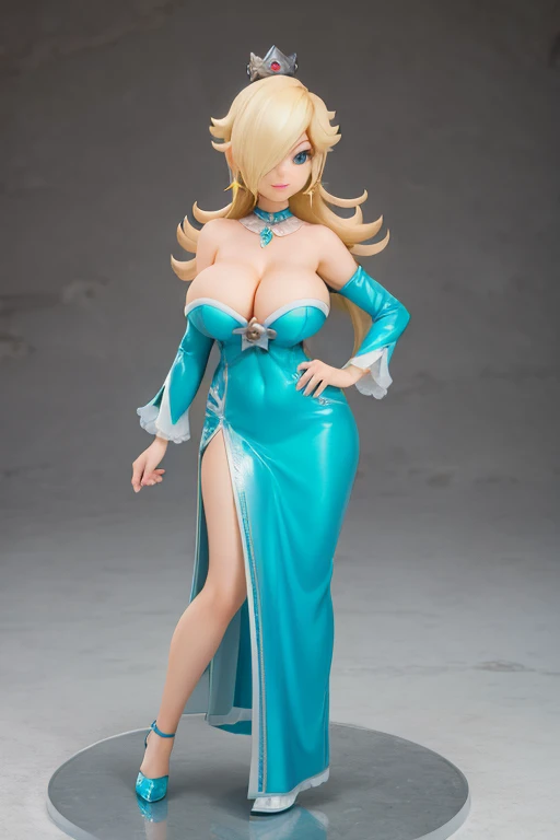 Figure, Rosalina, sexy pose, big breasts, curvy, smile, blue dress, blonde
