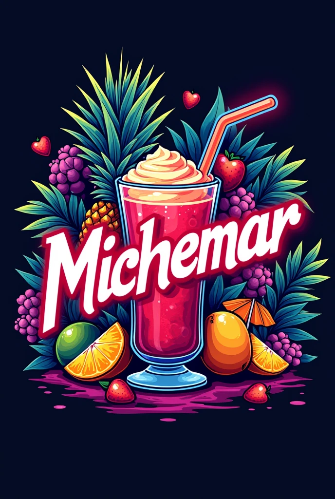 MicheMar name logo. Have fruit micheladas and tropical slush drinks in neon colors 