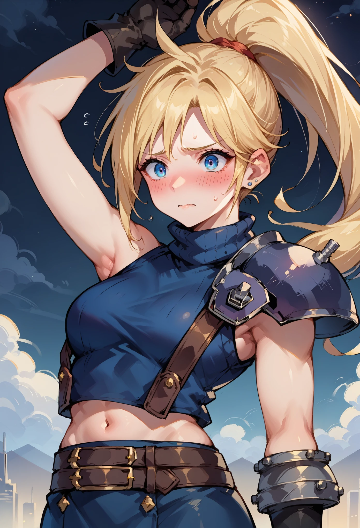 score_9, score_8_up, score_7_up, source_anime, 1girl, solo, female focus, female body, defCloud, blonde hair, long hair, single earring, shoulder armor, sleeveless turtleneck, belt, blue skirt, short skirt,black pantyhoses, ponytail, gloves,standing, nervous, blushing, midriff, navel, arms up, looking at you, metallic city, dark sky, night,