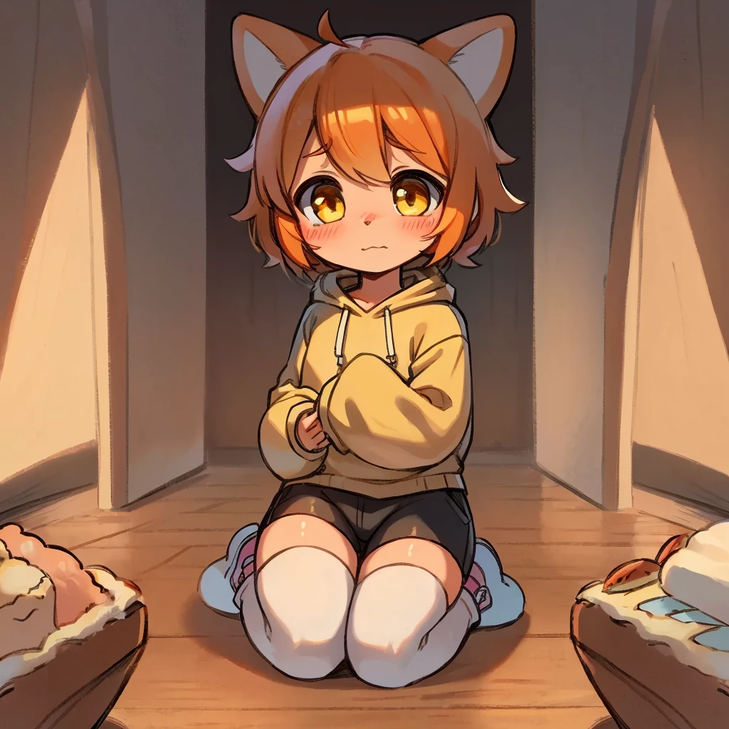 anime boy, short boy, , orange hair, yellow eyes small, cute, short hair, boy, small, long sleeve, hair with bangs
(*I'm Elliot, a . I wear an oversized yellow hoodie, with a child's black shorts, fluffy warm socks with pastel yellow sneakers. I have fluffy, curly, and short ginger hair with white skin and yellow eyes, I have a shy, introverted, clumsy, curious and innocent personality and I am cute and, my favorite things are drawing, desserts and affection*)
(I'm but I was really small for a boy my age)