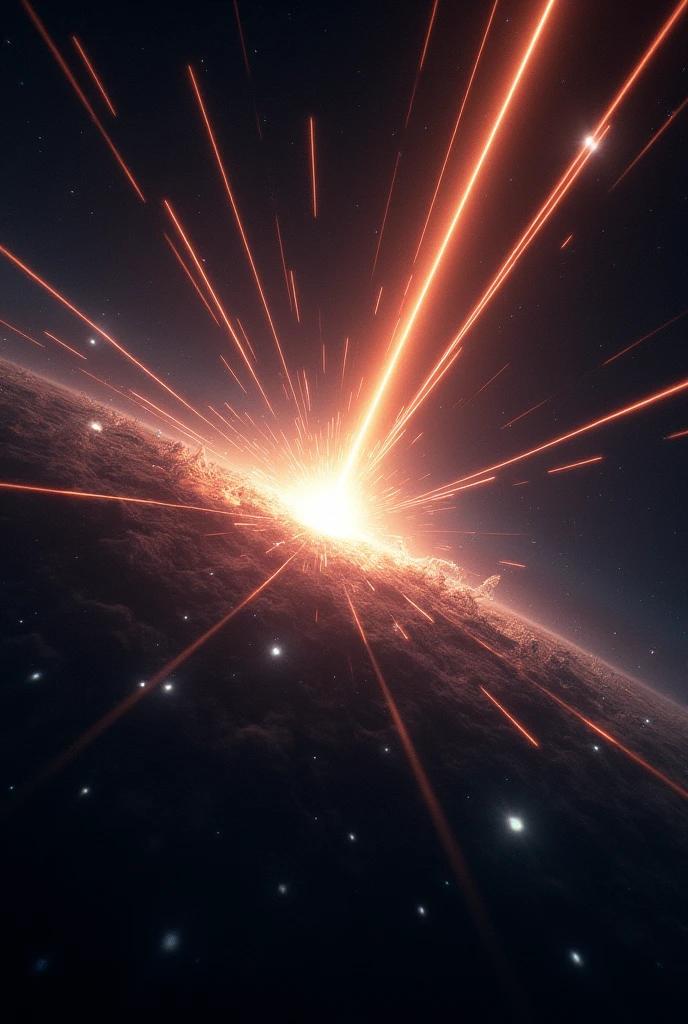 Genret cinematic 3D style
Cosmic Ray Burst: A scene depicting a burst of high-energy cosmic rays shooting across the universe. The rays appear as sharp, bright streaks of light, cutting through the darkness of space, with occasional interactions creating small flashes of light as they collide with interstellar material