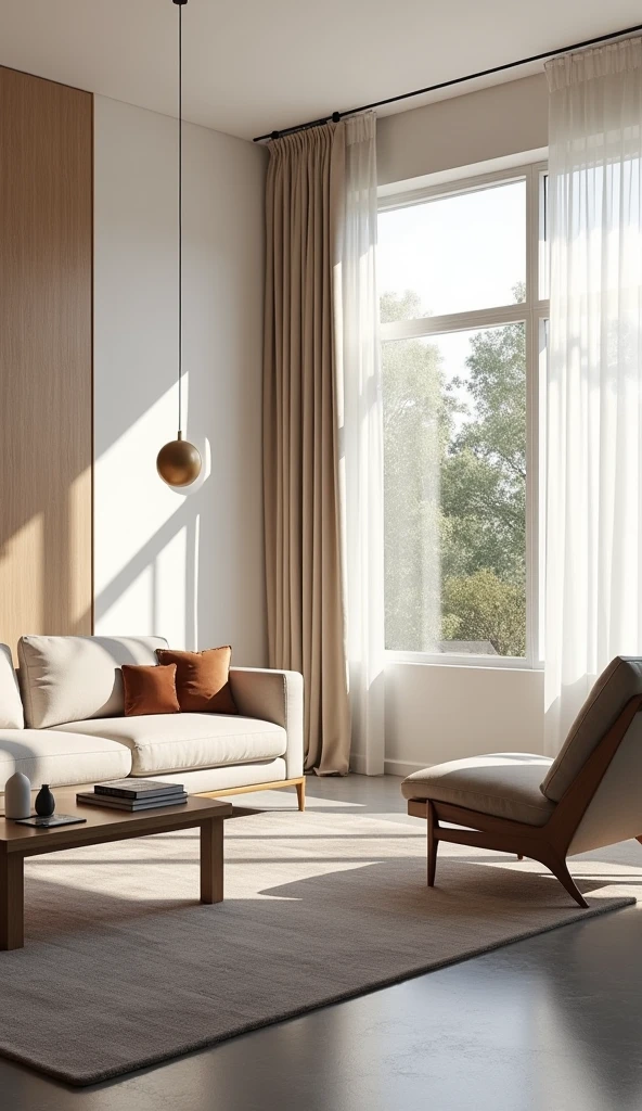 Portrait of a living room with a modern minimalist home atmosphere,All the furniture displays a luxurious impression on the curtain section, with a bright atmosphere