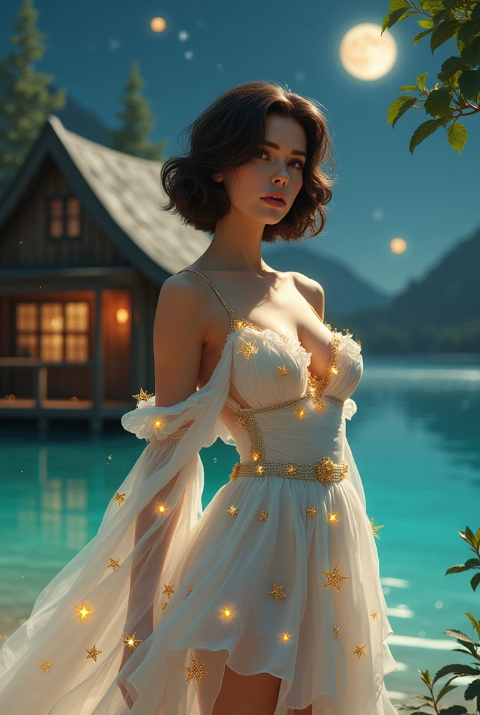 Sexy 3 short brown hair woman, talla 42DD, in the background a small wooden cabin on a beach formed by a lake, starry sky with two moons, turquoise water. wear a short, ruffled dress, low-cut,which has details of stars and planets, white color with golden details and sexy.