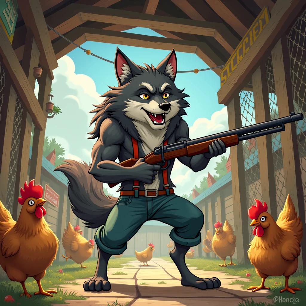 a wolf with a shotgun as if she were standing shooting at chickens inside a cartoon-style chicken coop for a cover with image size 2560x1440